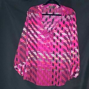 Igigi 18/20 Long Sleeve Geometric Pink Black & Fuchsia Blouse with Bow